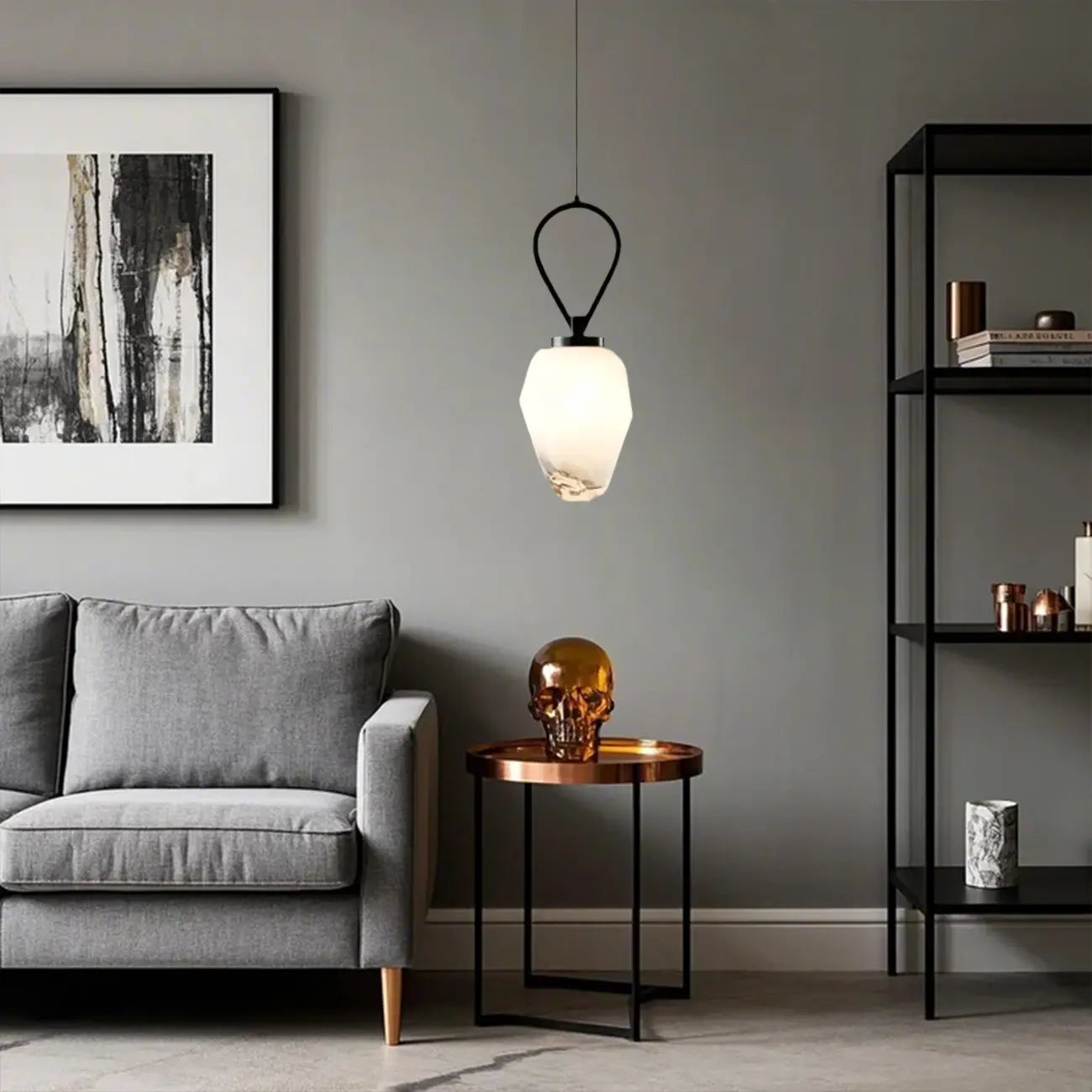 White Glass Pendant Light with Long Cord for Bedside