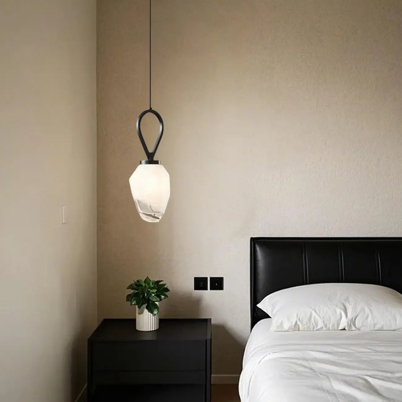 White Glass Pendant Light with Long Cord for Bedside