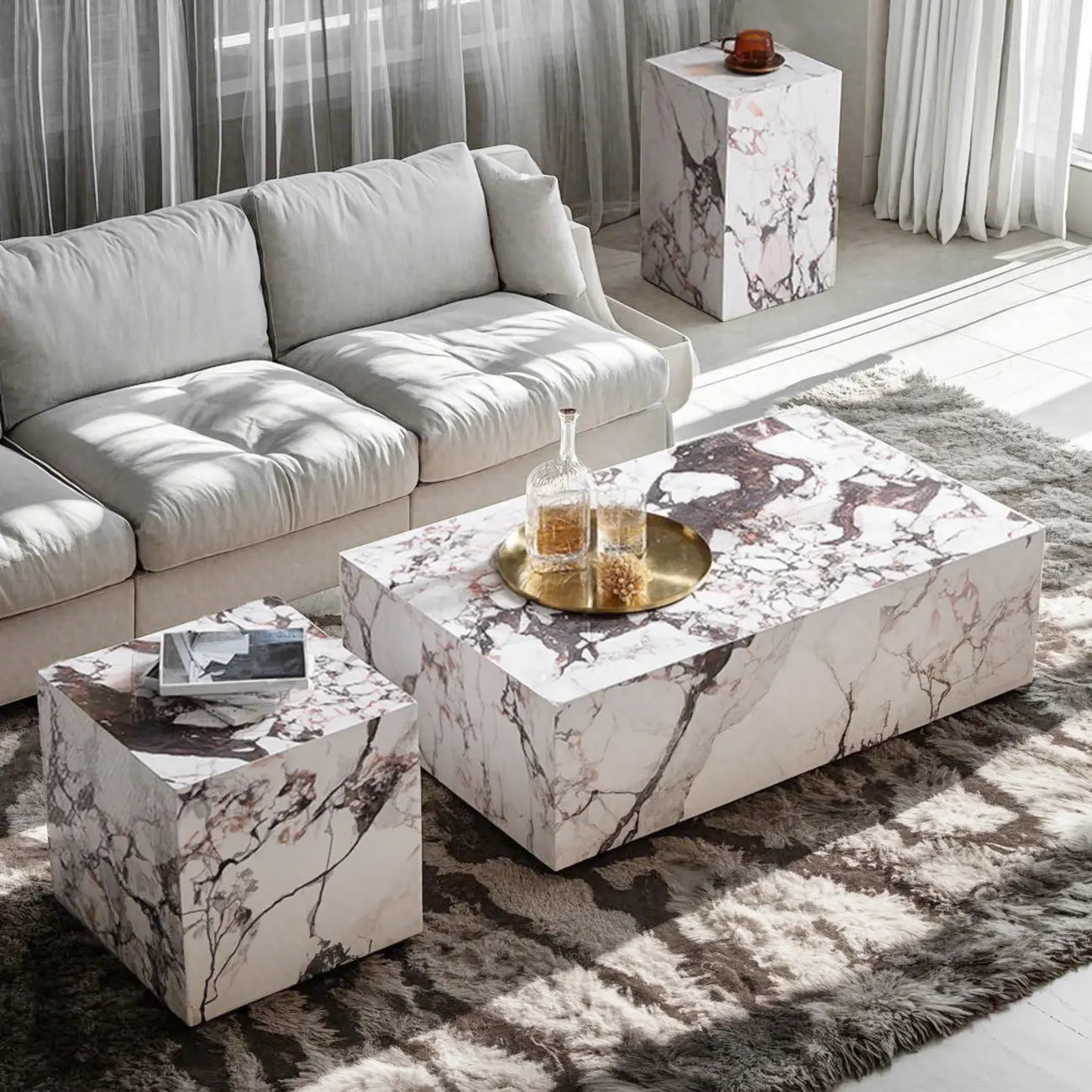 Sleek Sintered Stone Block Base Side Coffee Table