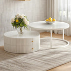 White Round Wheeled Round Wood Drawer Coffee Table