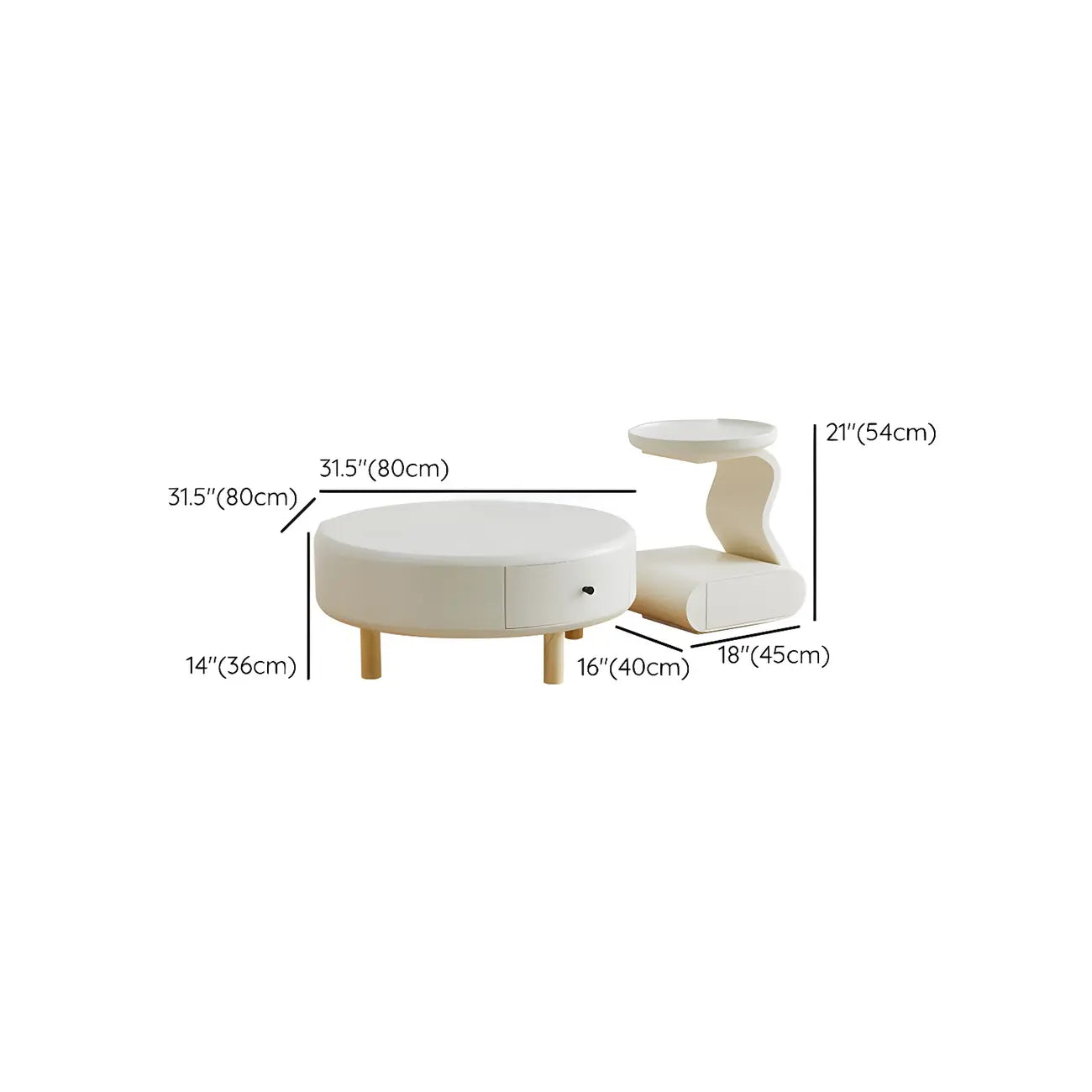 White Round Elegant Modern Wood Drawer Coffee Table