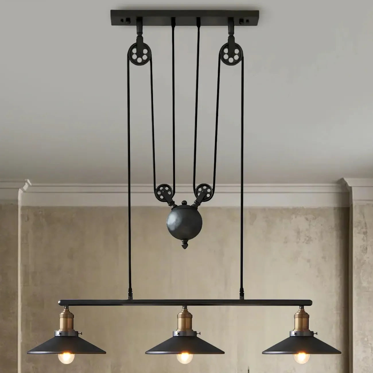 Industrial Black Metal Pulley Pendant Light for Kitchen