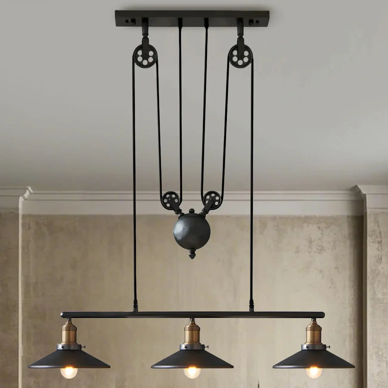 Industrial Black Metal Pulley Pendant Light for Kitchen