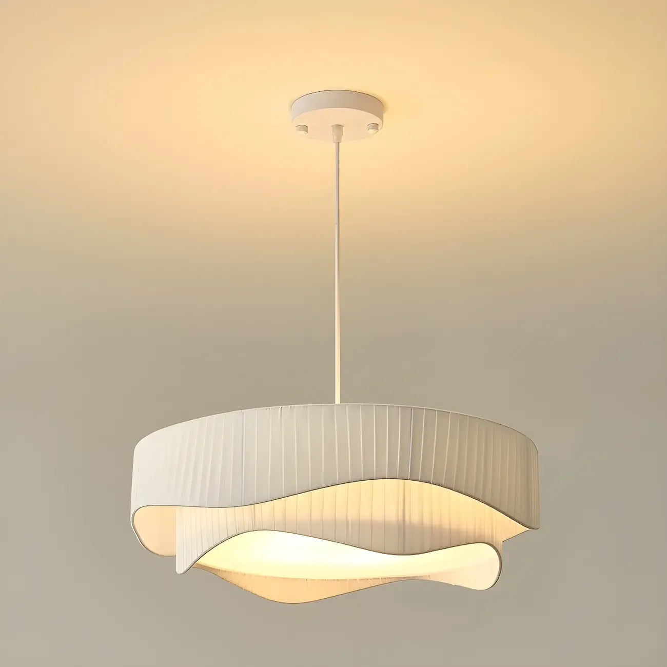 Modern White Tier Fabric Drum Chandelier with Adjustable Height