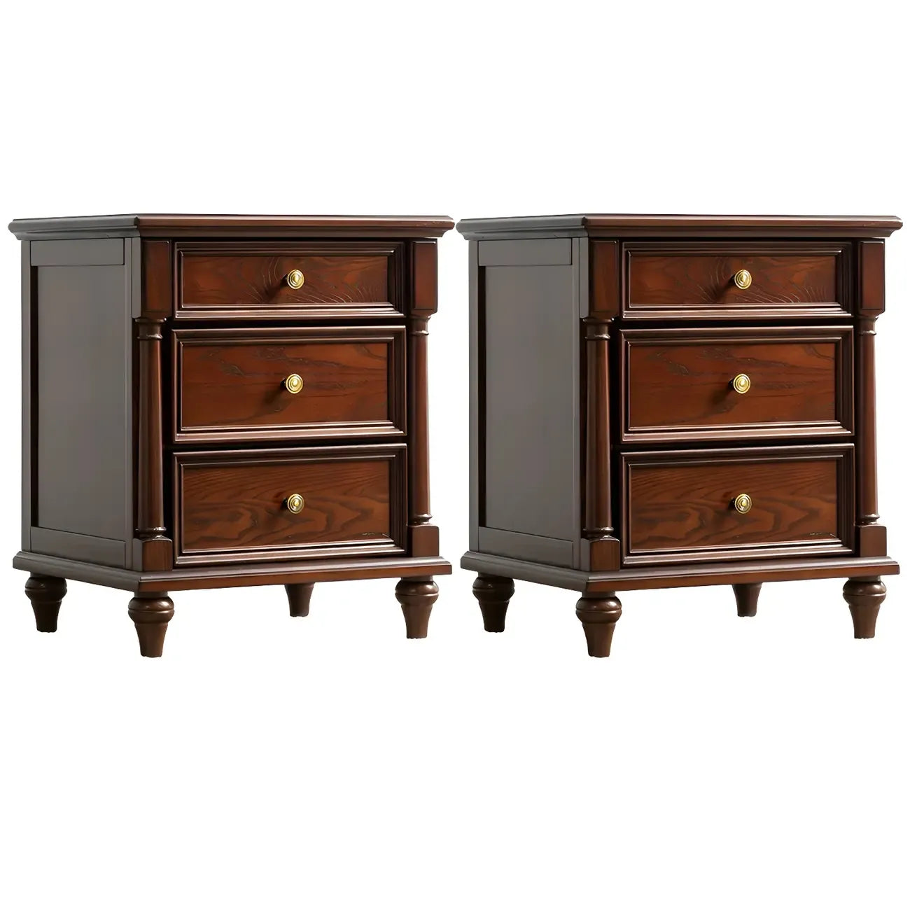 Traditional Ash Wood Nut-Brown 3-Drawer Bedroom Nightstand