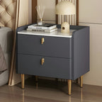 Modern Leather Stone Top Gold Accents 2-Drawer Nightstand