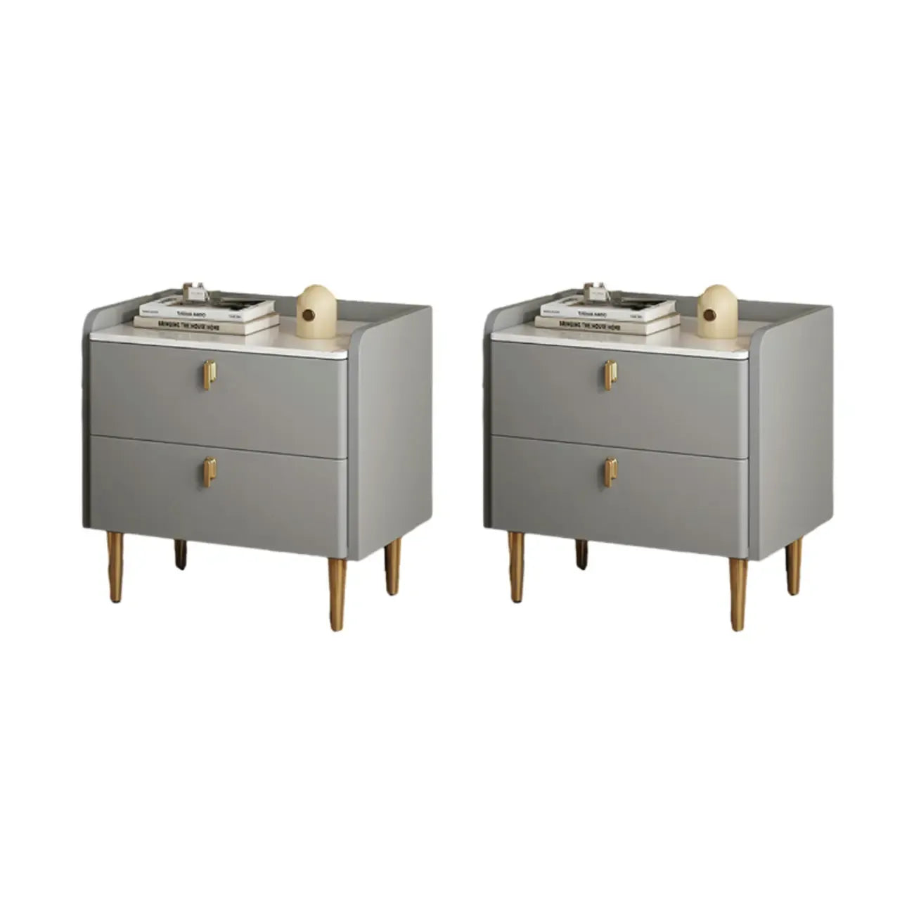 Modern Leather Stone Top Gold Accents 2-Drawer Nightstand