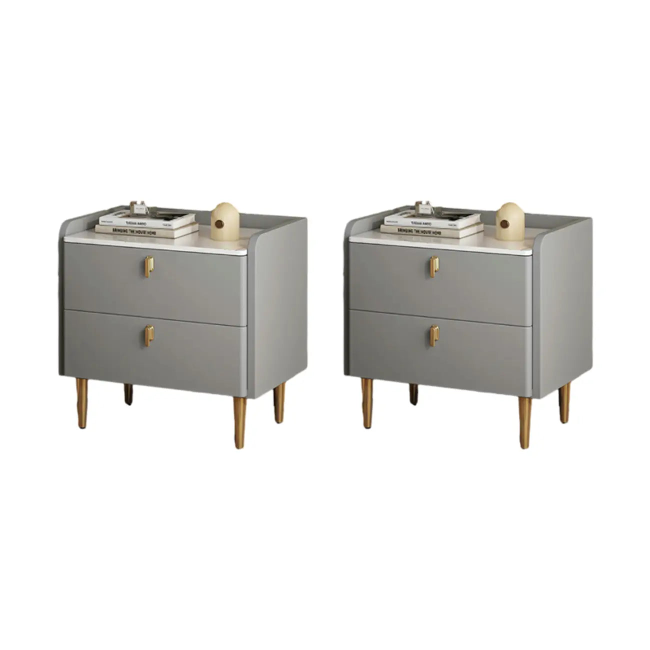 Modern Leather Stone Top Gold Accents 2-Drawer Nightstand