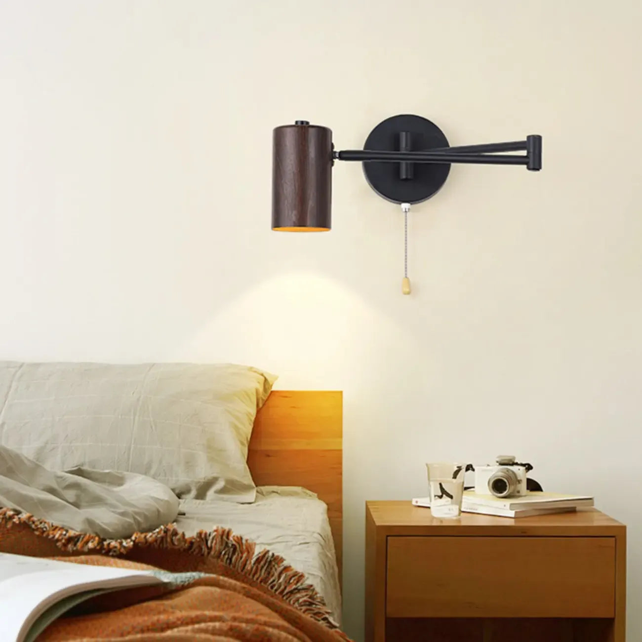White and Black Metal Swing Arm Wall Light with Cylindrical Shade