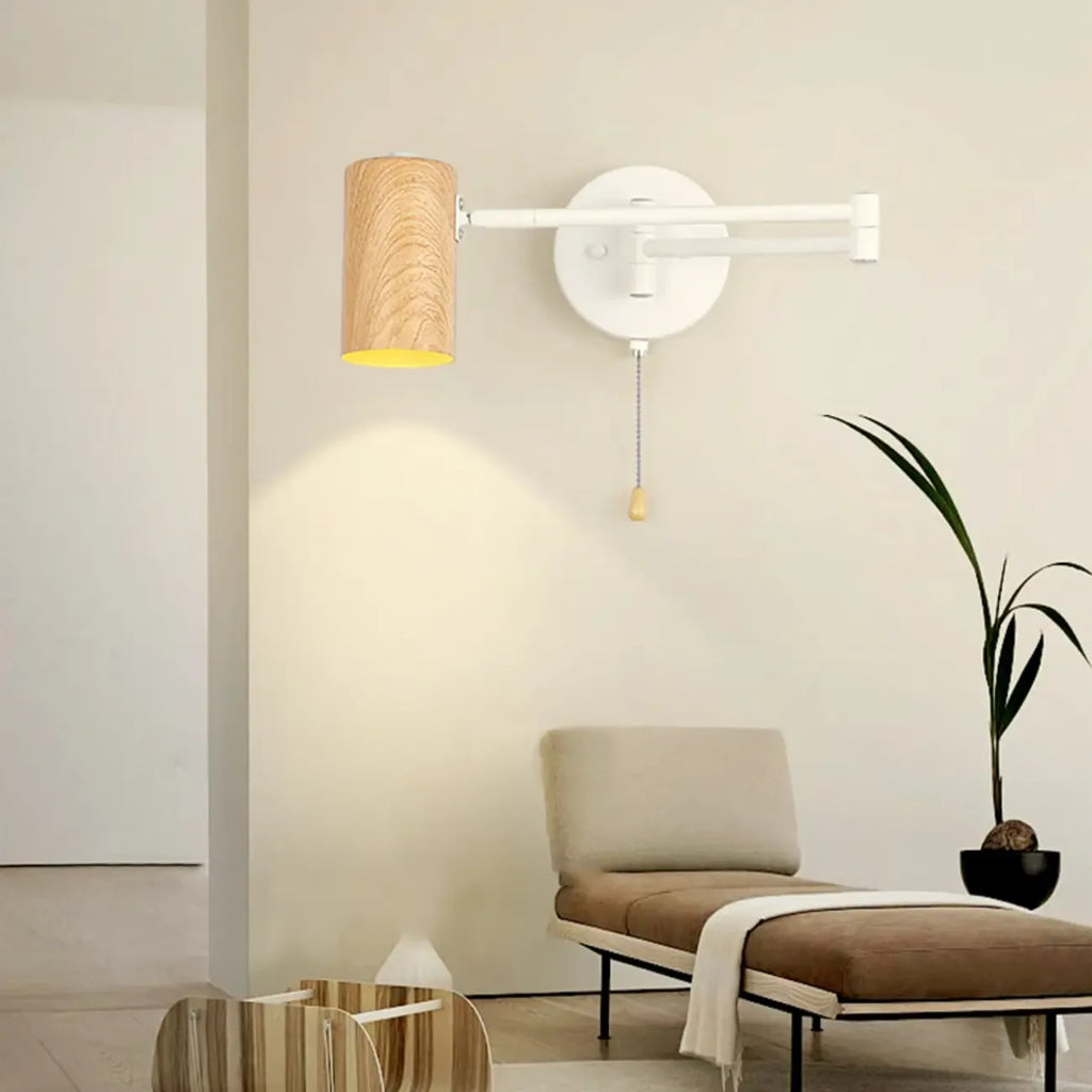 White and Black Metal Swing Arm Wall Light with Cylindrical Shade