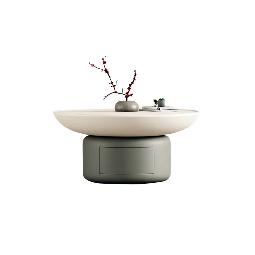 Gray White Round Minimal Wood Coffee Table with Drawer