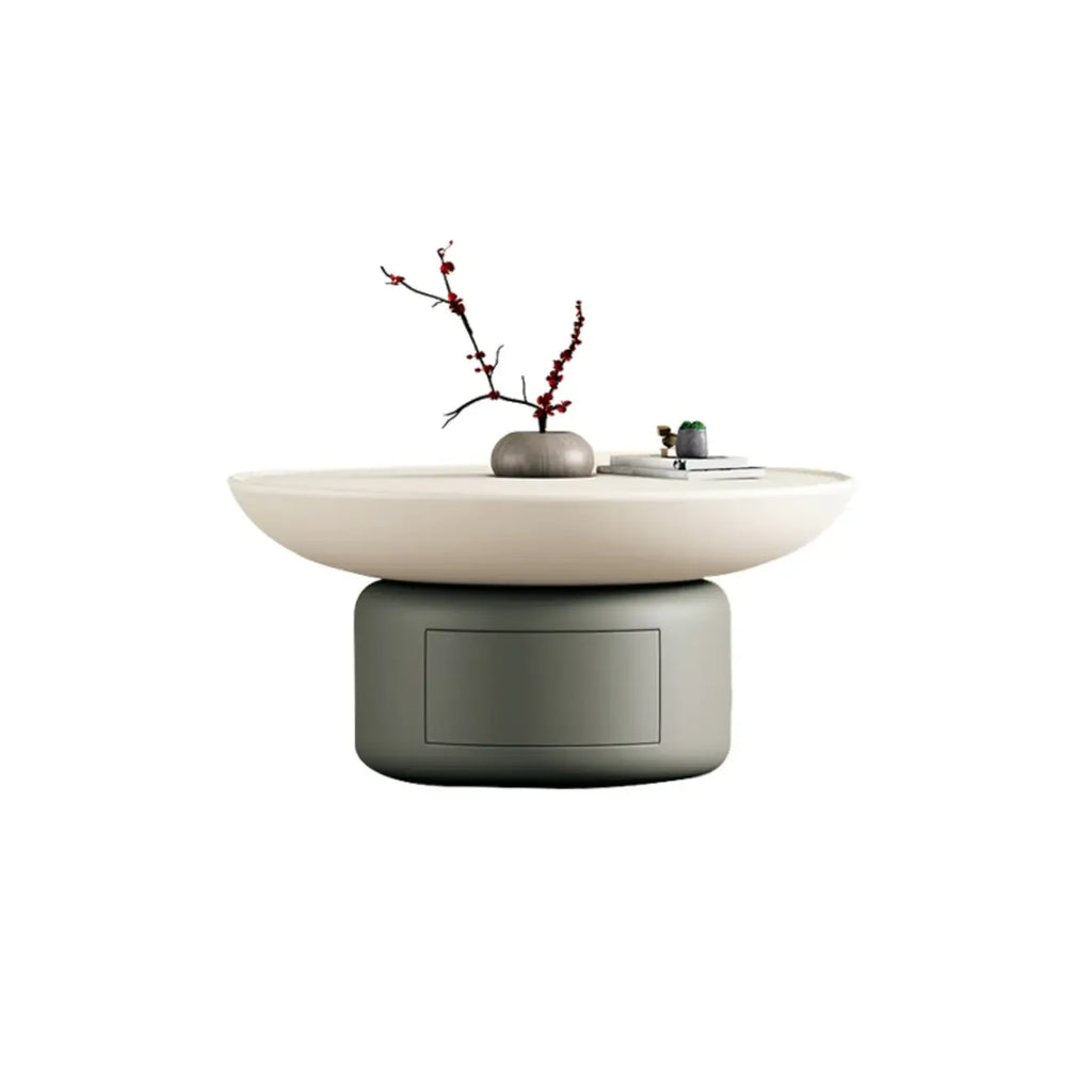 Gray White Round Minimal Wood Coffee Table with Drawer