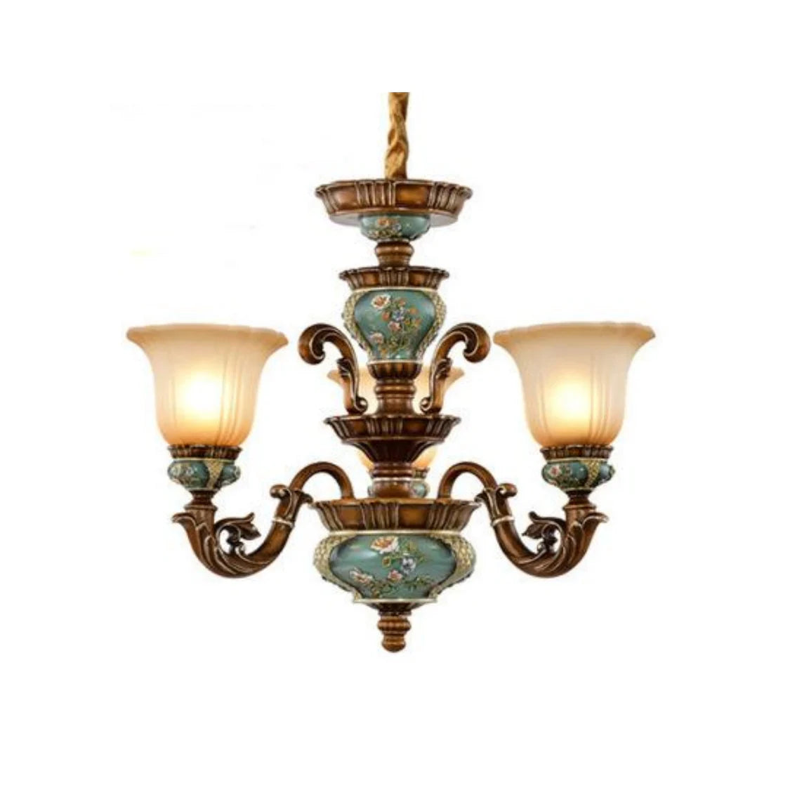 Vintage Brass Floral Glass Ceramic Chandelier