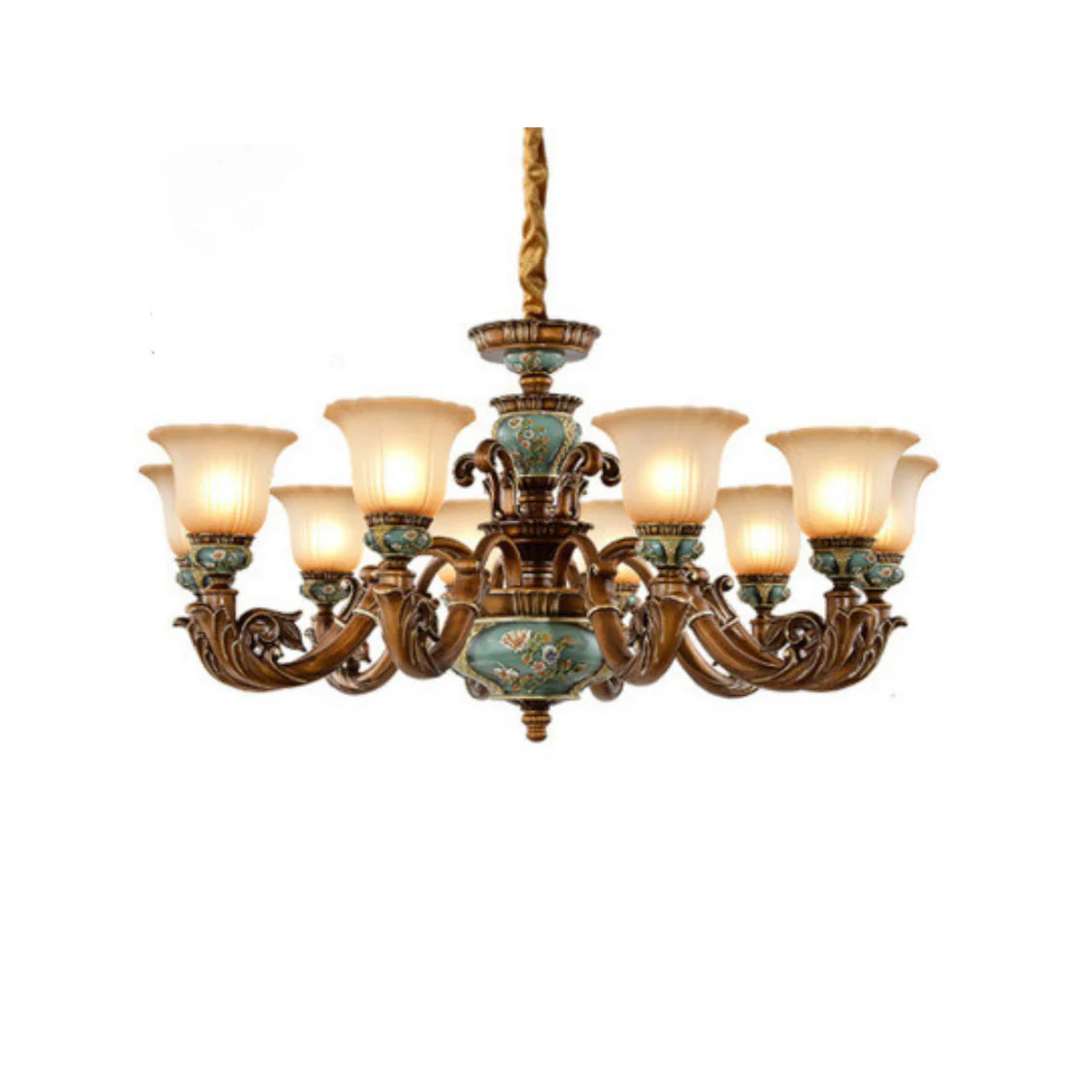 Vintage Brass Floral Glass Ceramic Chandelier