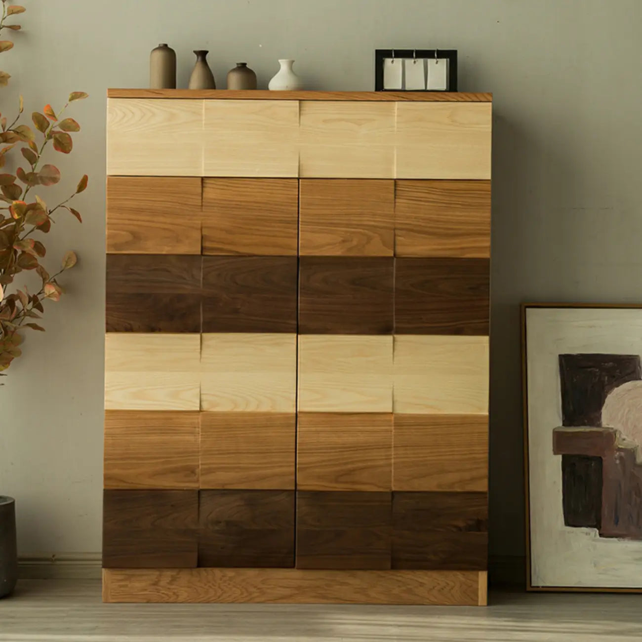 Scandinavian Brown Solid Wood Shoe Cabinet for Entryway