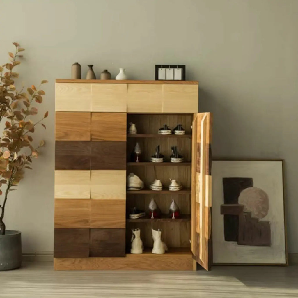 Scandinavian Brown Solid Wood Shoe Cabinet for Entryway