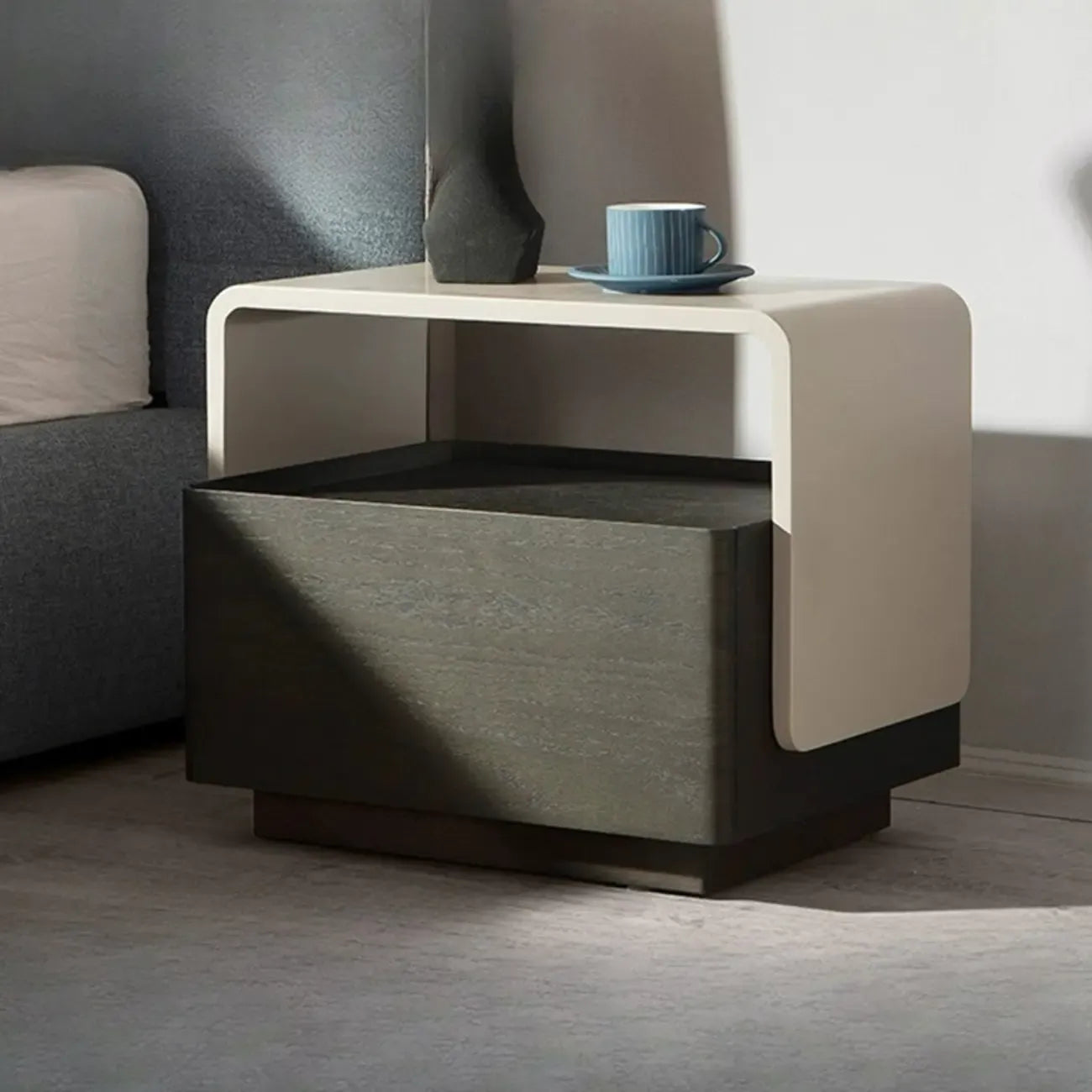 Rectangular Black Wood Open Drawer Storage Nightstand