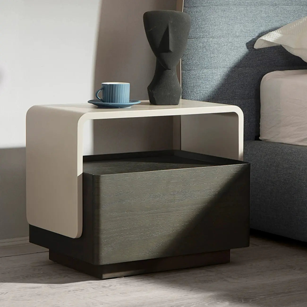 Rectangular Black Wood Open Drawer Storage Nightstand