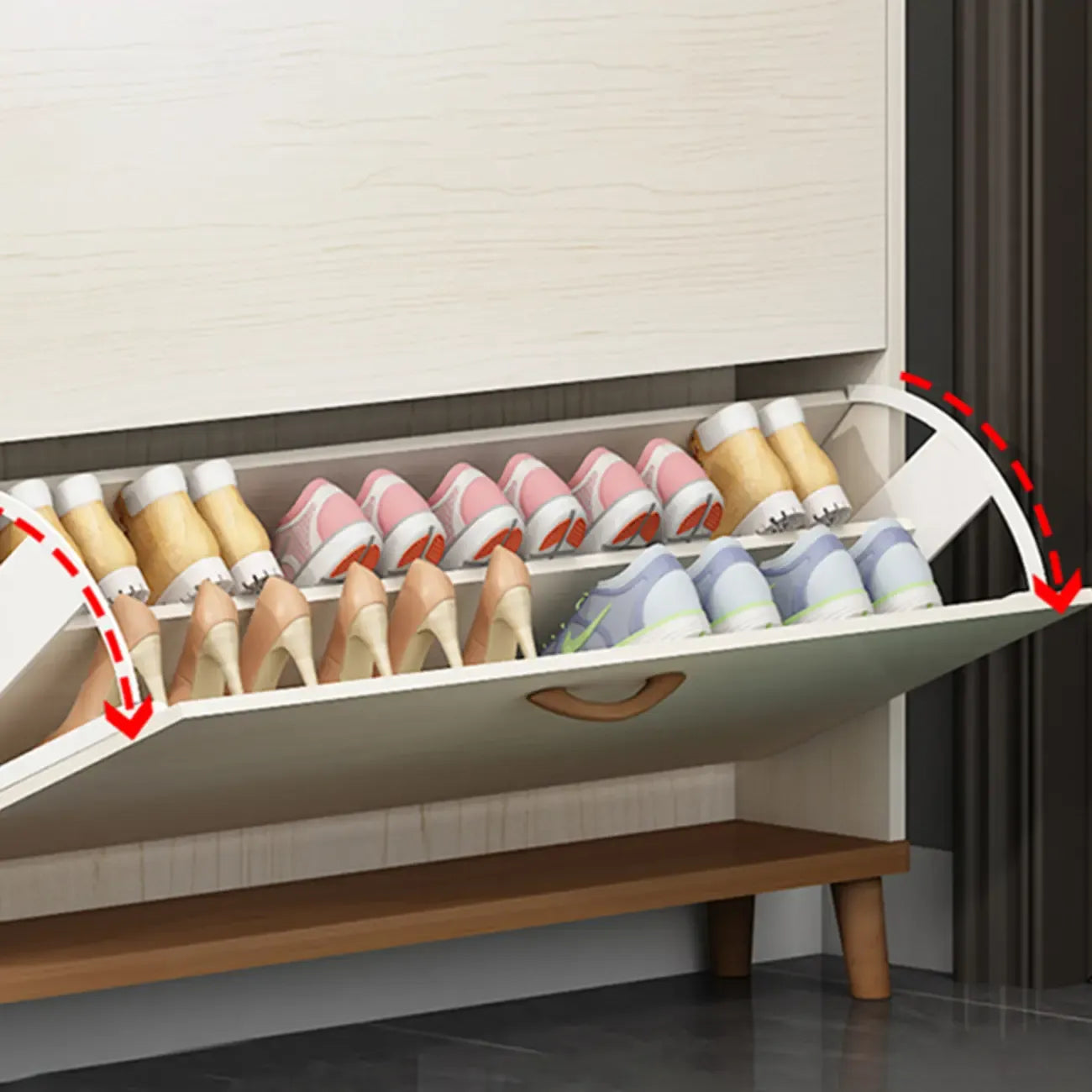 Narrow Beige Solid Wood Drop Front Shoe Cabinet