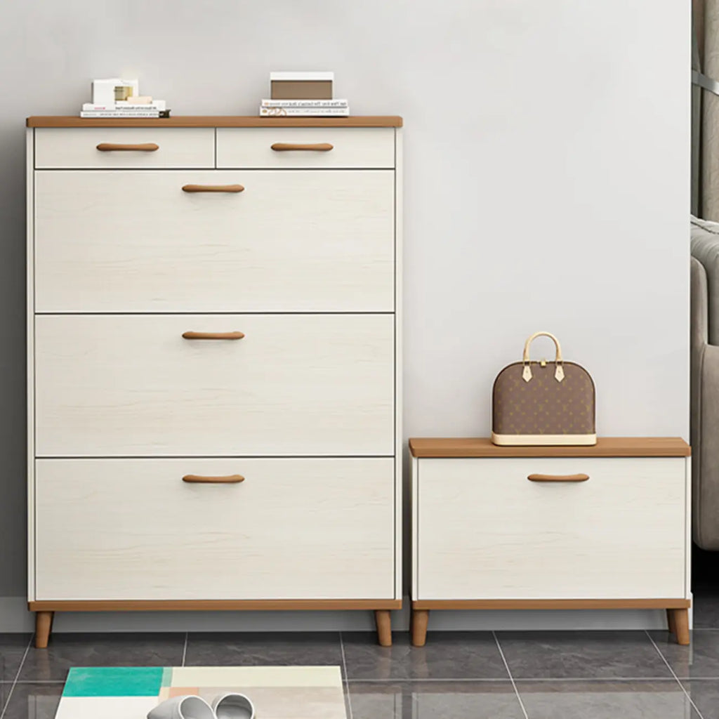 Narrow Beige Solid Wood Drop Front Shoe Cabinet