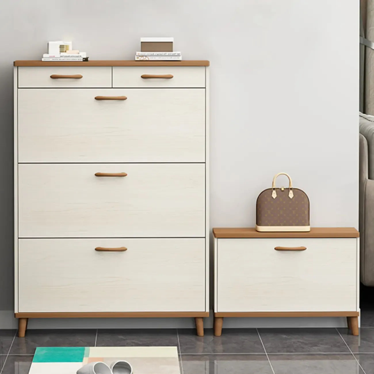 Narrow Beige Solid Wood Drop Front Shoe Cabinet