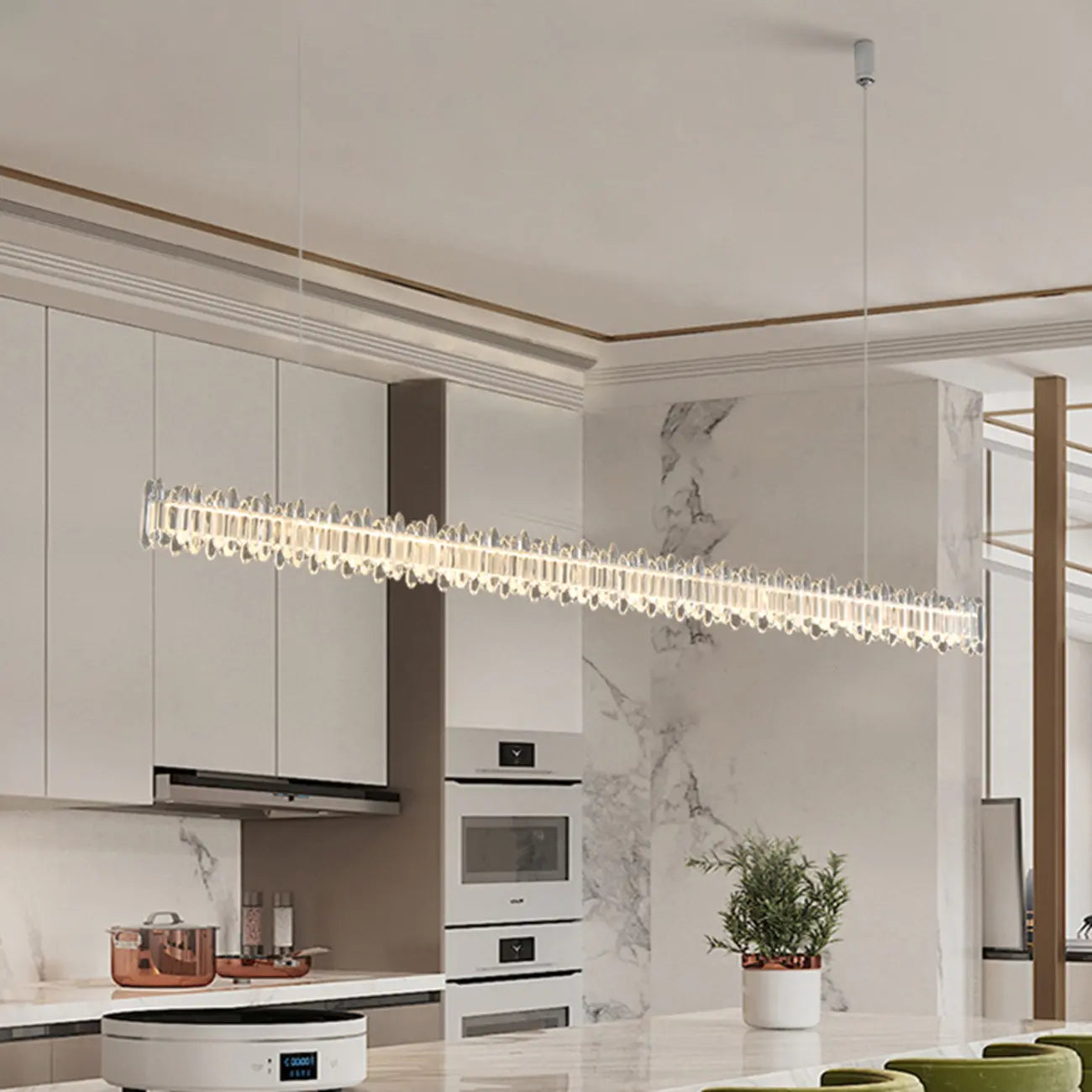 Linear Crystal Island Pendant Light Dimmable LED for Kitchen