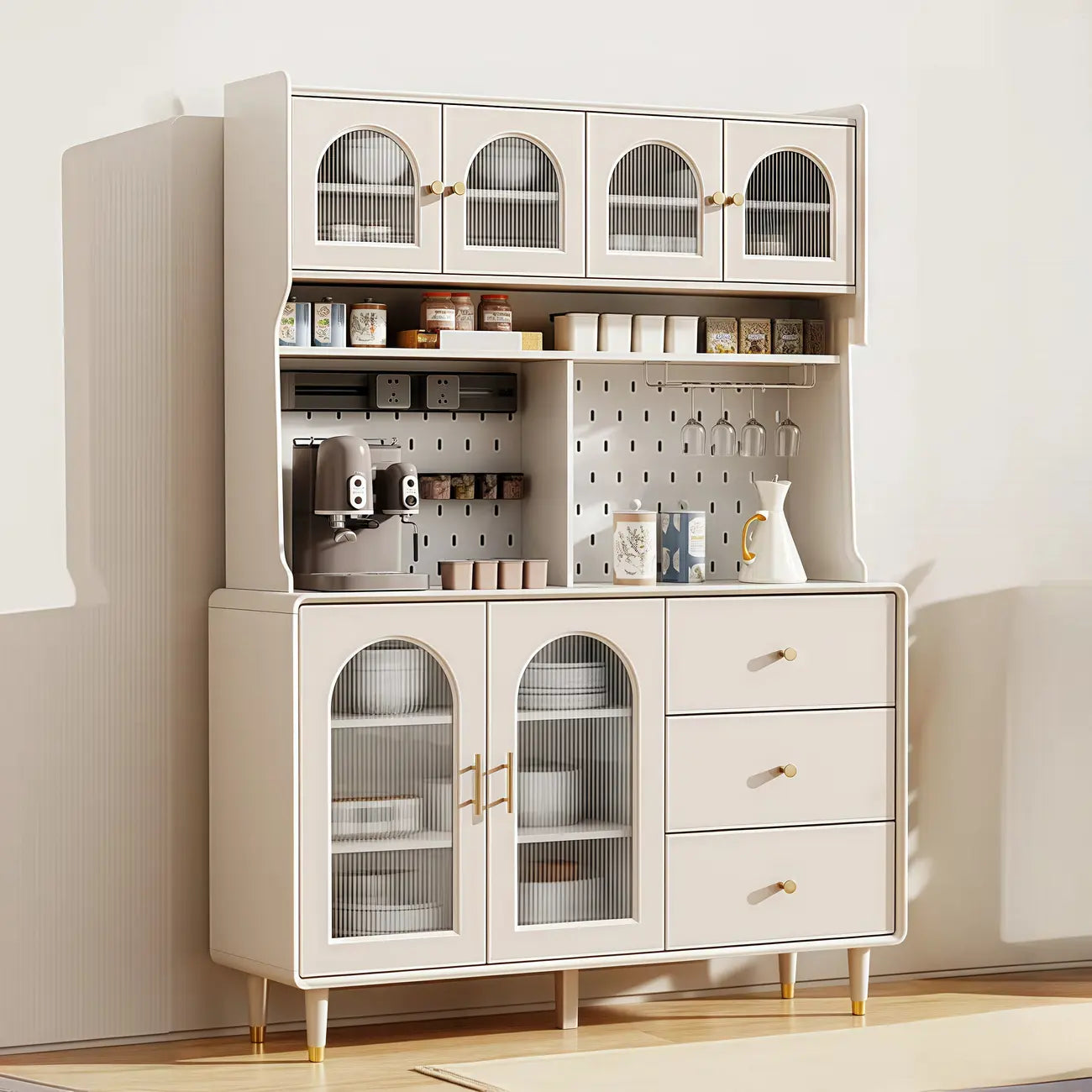 Multi-Functional White Wood Arched Glass Door Sideboard Cabinet