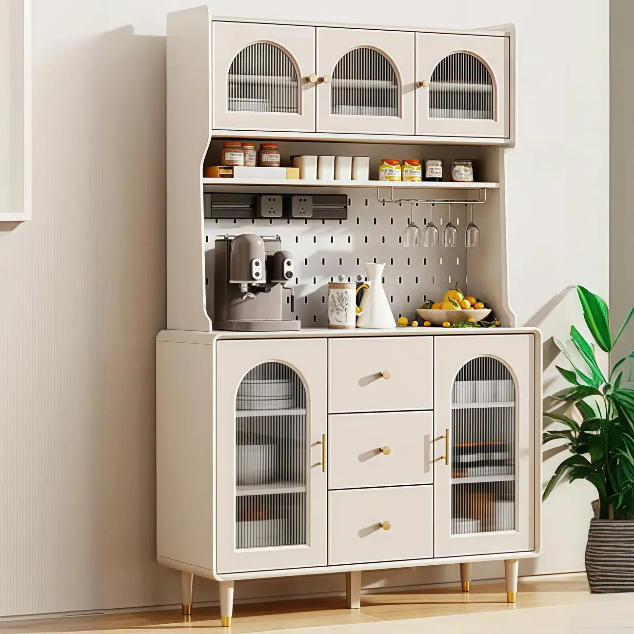 Multi-Functional White Wood Arched Glass Door Sideboard Cabinet