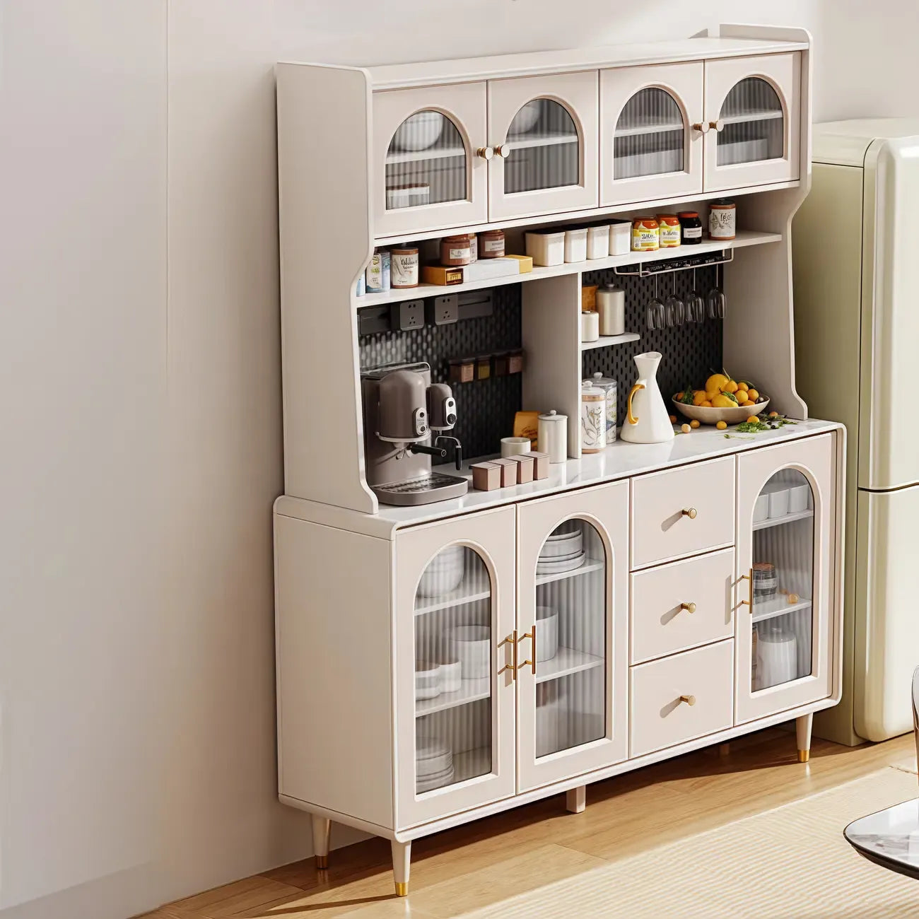 Multi-Functional White Wood Arched Glass Door Sideboard Cabinet