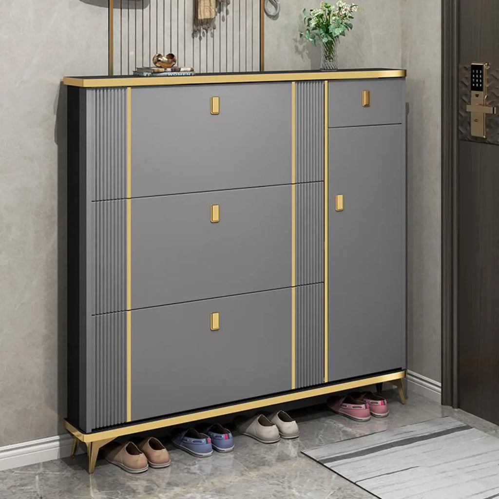 Large Entryway Grey Wooden Shoe Storage with Gold Trim