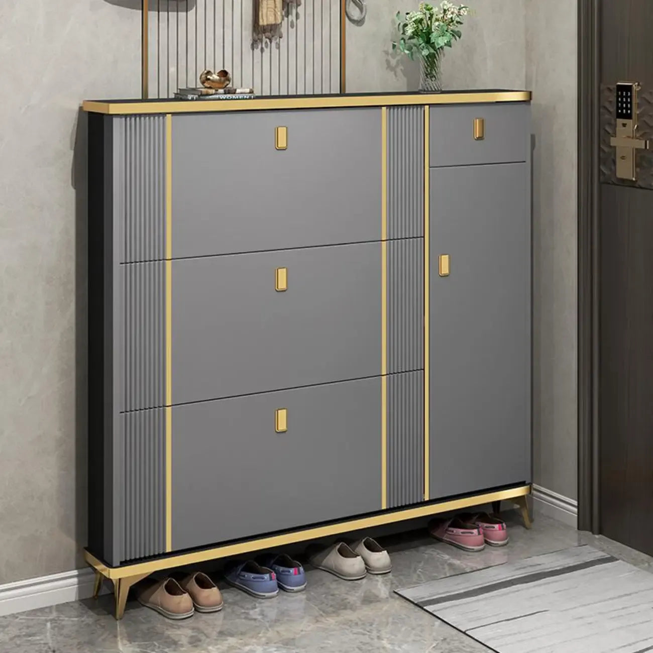 Large Entryway Grey Wooden Shoe Storage with Gold Trim