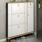 Large Entryway Grey Wooden Shoe Storage with Gold Trim