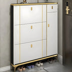 Large Entryway Grey Wooden Shoe Storage with Gold Trim