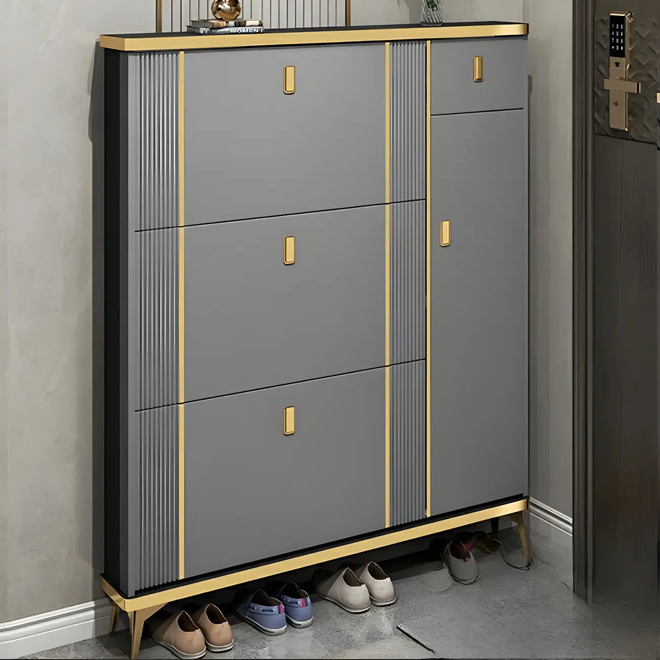 Large Entryway Grey Wooden Shoe Storage with Gold Trim