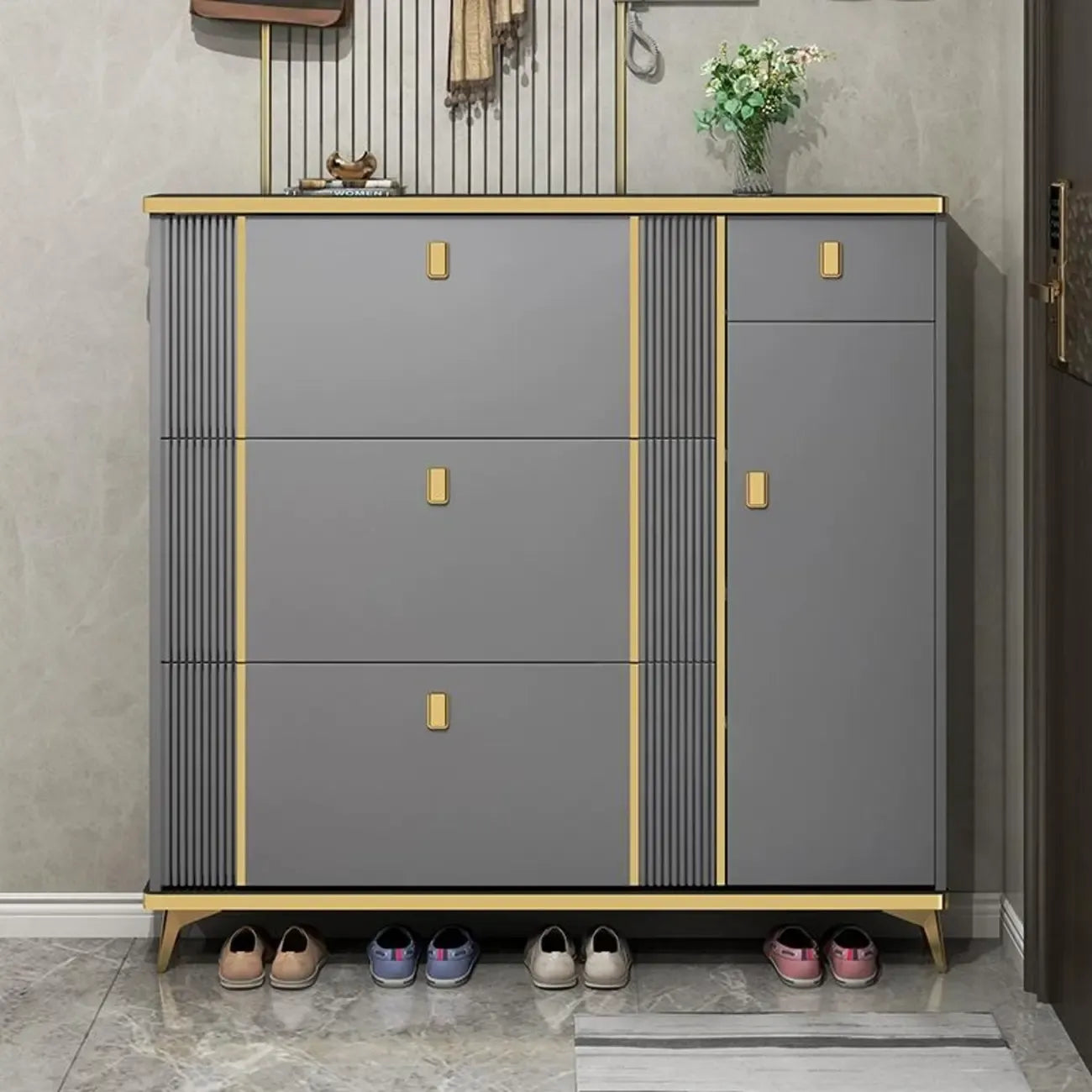 Large Entryway Grey Wooden Shoe Storage with Gold Trim