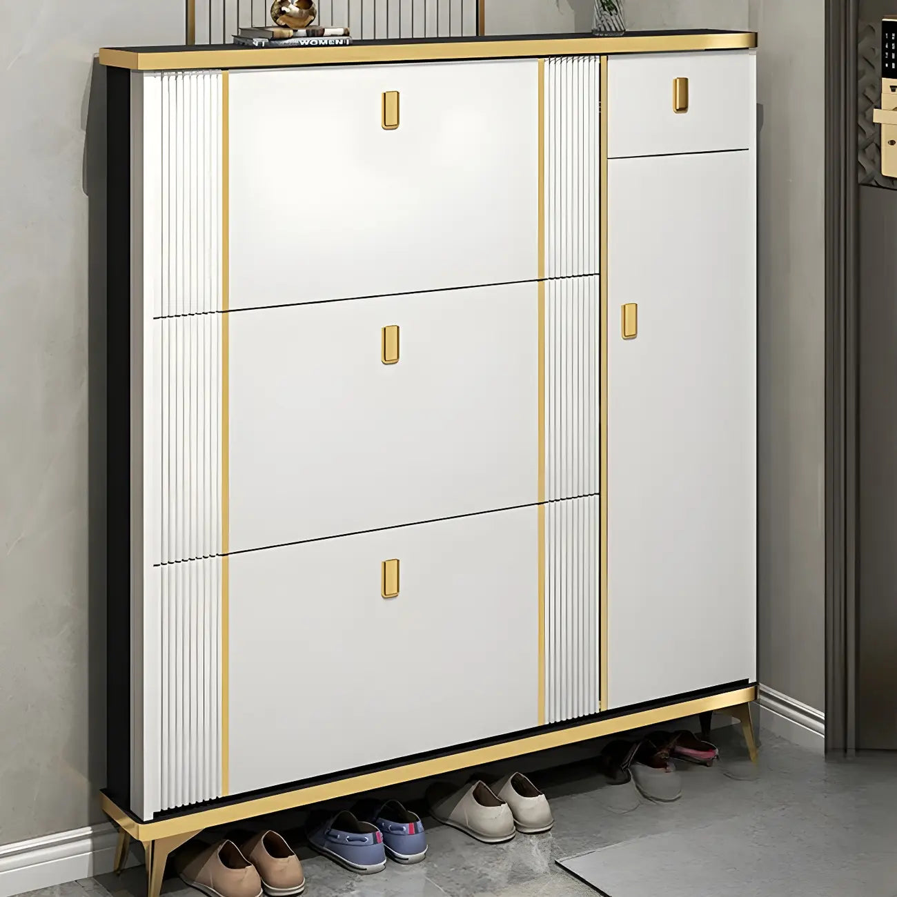 Large Entryway Grey Wooden Shoe Storage with Gold Trim