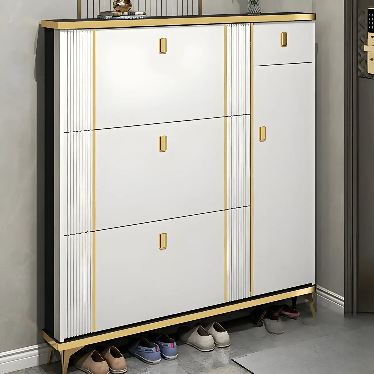 Large Entryway Grey Wooden Shoe Storage with Gold Trim