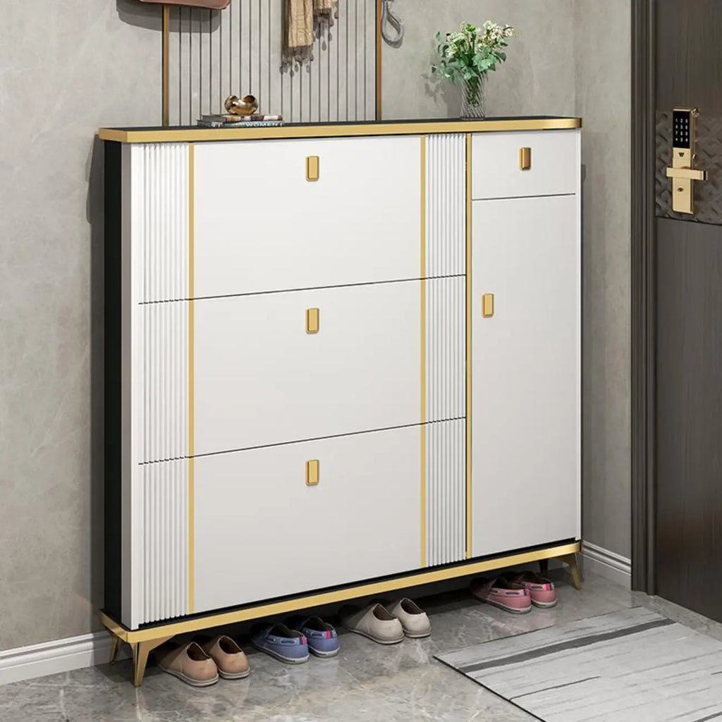 Large Entryway Grey Wooden Shoe Storage with Gold Trim