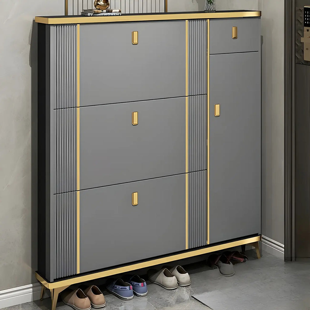 Large Entryway Grey Wooden Shoe Storage with Gold Trim