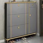 Large Entryway Grey Wooden Shoe Storage with Gold Trim