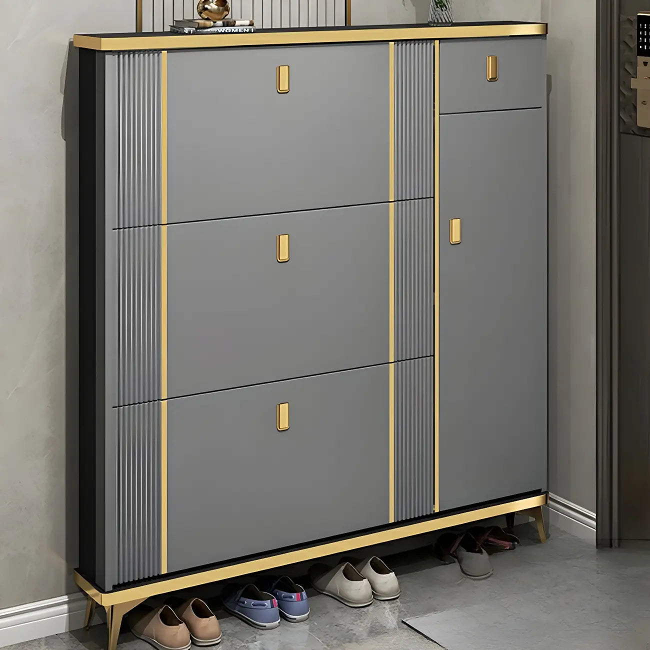 Large Entryway Grey Wooden Shoe Storage with Gold Trim
