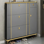 Large Entryway Grey Wooden Shoe Storage with Gold Trim