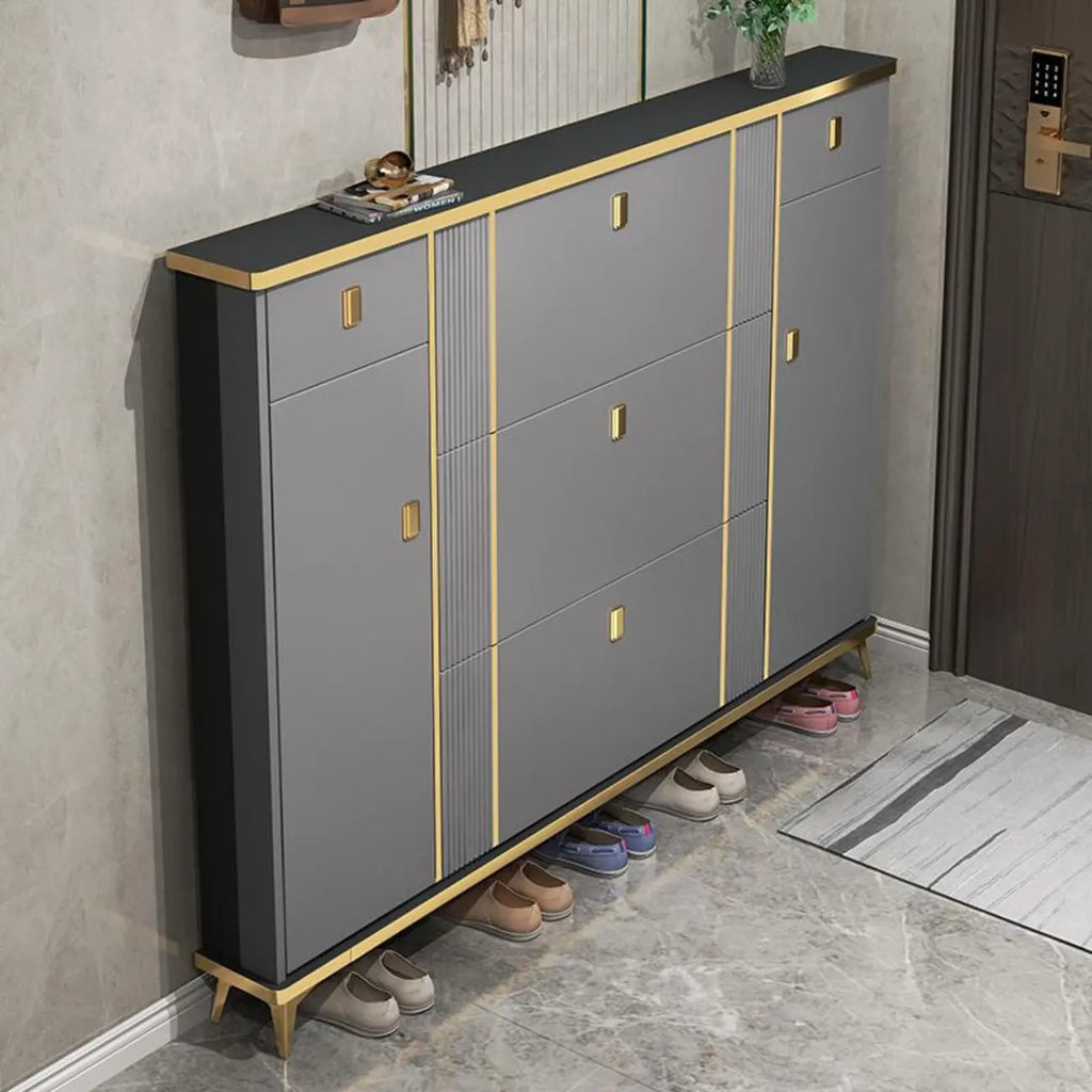 Large Entryway Grey Wooden Shoe Storage with Gold Trim