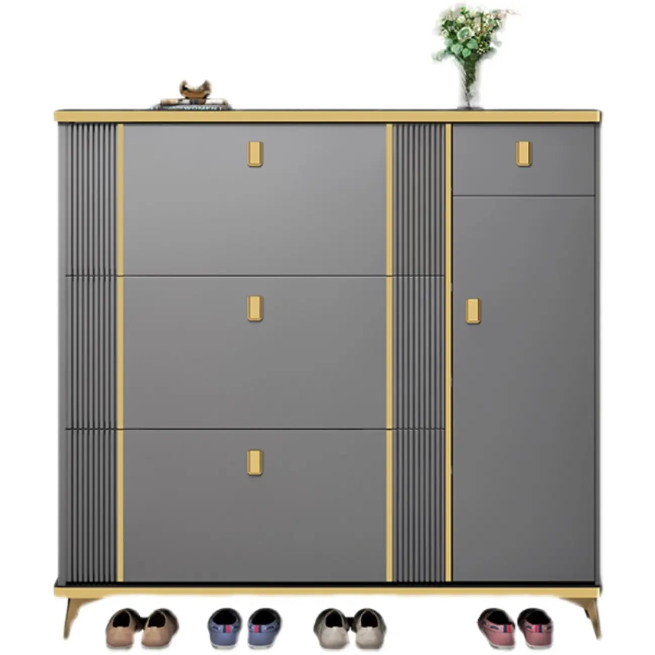 Large Entryway Grey Wooden Shoe Storage with Gold Trim