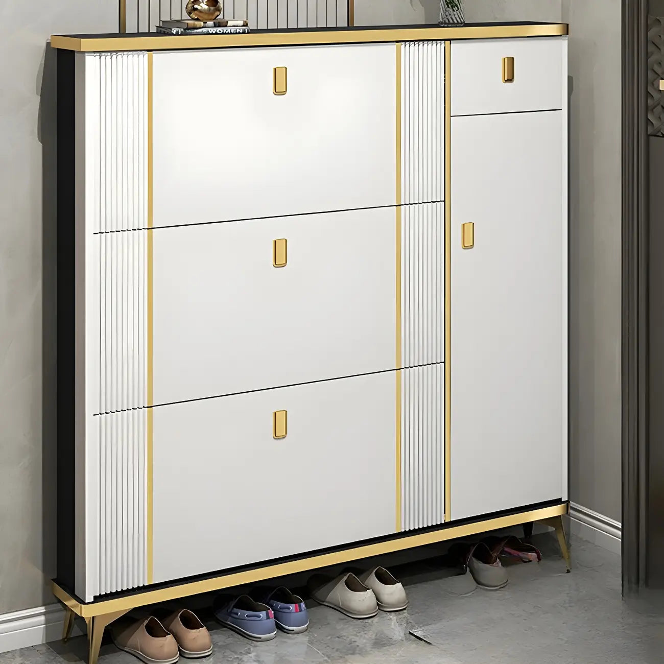 Large Entryway Grey Wooden Shoe Storage with Gold Trim