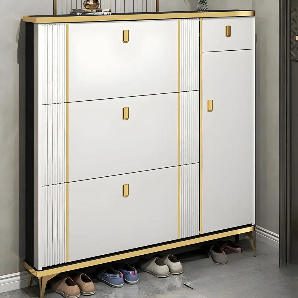 Large Entryway Grey Wooden Shoe Storage with Gold Trim