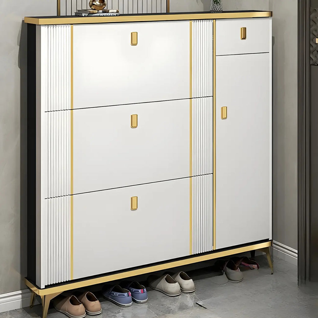 Large Entryway Grey Wooden Shoe Storage with Gold Trim