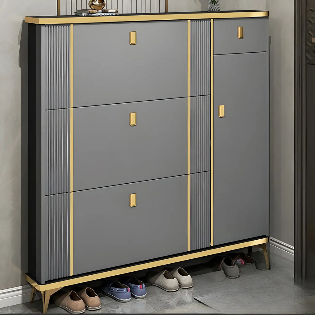 Large Entryway Grey Wooden Shoe Storage with Gold Trim