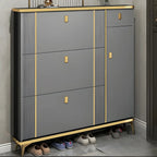 Large Entryway Grey Wooden Shoe Storage with Gold Trim