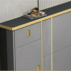 Large Entryway Grey Wooden Shoe Storage with Gold Trim